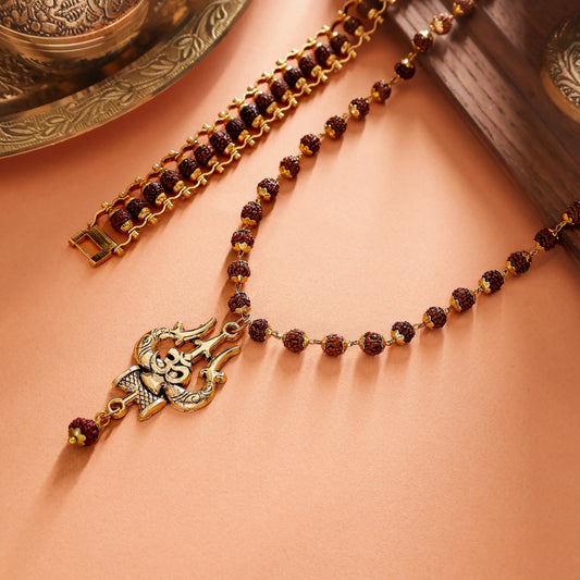 Gold-Plated Rudraksha Om Shiva Trishool Necklace combo